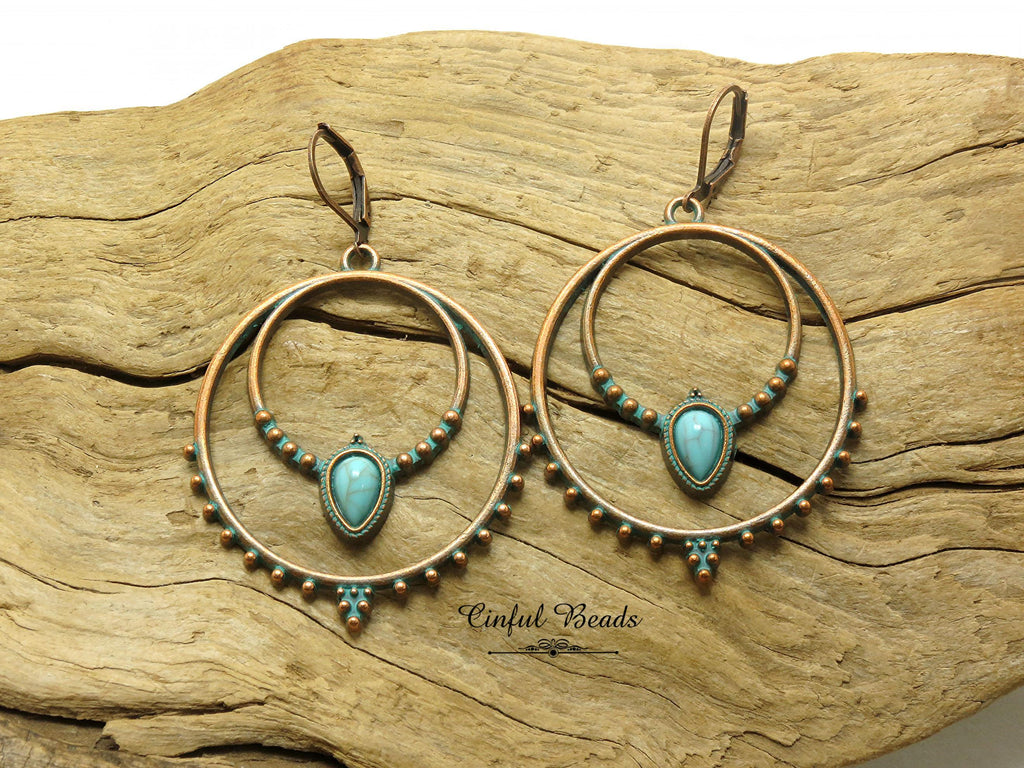 Boho Antique Copper Patina Hoop Earrings with Faux Turquoise