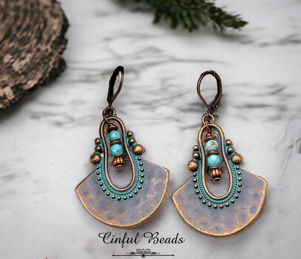 Turquoise Patina Boho Dangle Earrings - Antique Copper Ethnic Earrings With Turquoise Magnesite Beads - Rustic Dangle Pendant Earrings