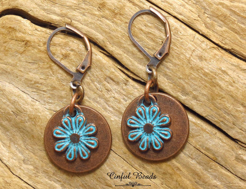 Copper Patina Boho Dangle Earrings - Copper and Turquoise Patina Flower Earrings