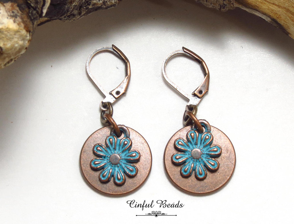 Copper Patina Boho Dangle Earrings - Copper and Turquoise Patina Flower Earrings