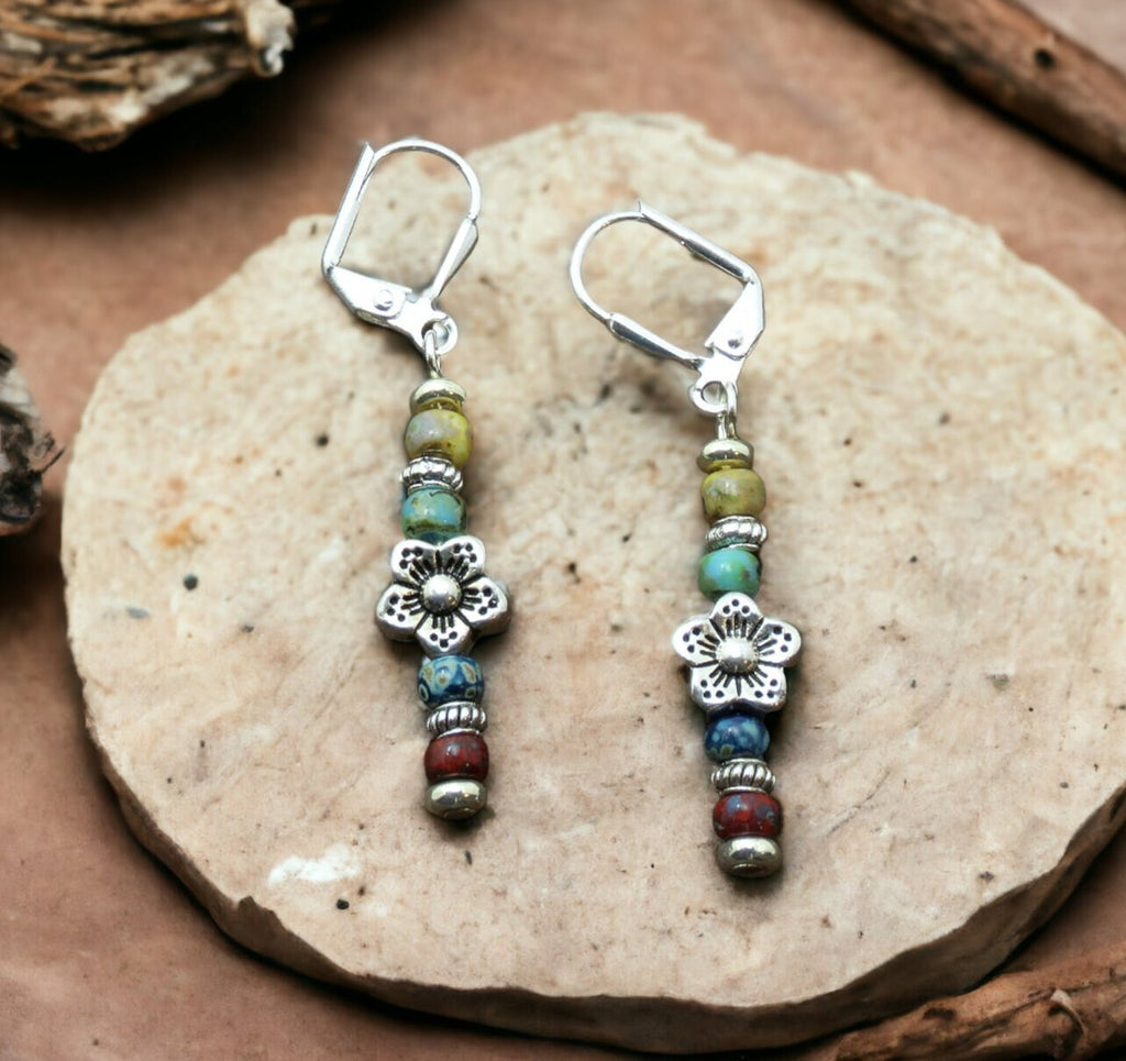 Dainty Multicolor Picasso Seed Bead Stick Earrings with Flower Spacer Bead - Lightweight And Comfortable Boho Statement Jewelry