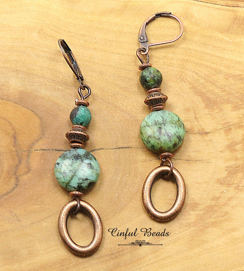 African Turquoise Copper Dangle Earrings - Antique Copper Boho Gemstone Earrings - Natural African Turquoise Drop Earrings - Stone Earrings