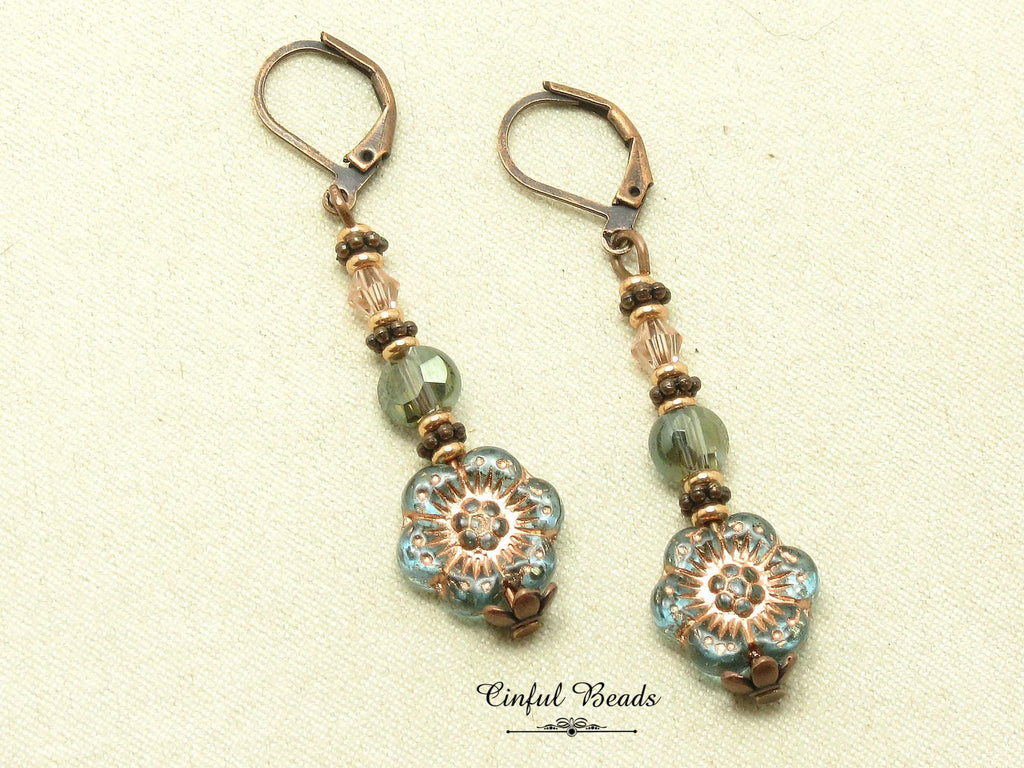 Antique Copper Boho Earrings - Transparent Aqua and Rose Dangle Earrings -Lightweight Flower Earrings with Matching Necklace