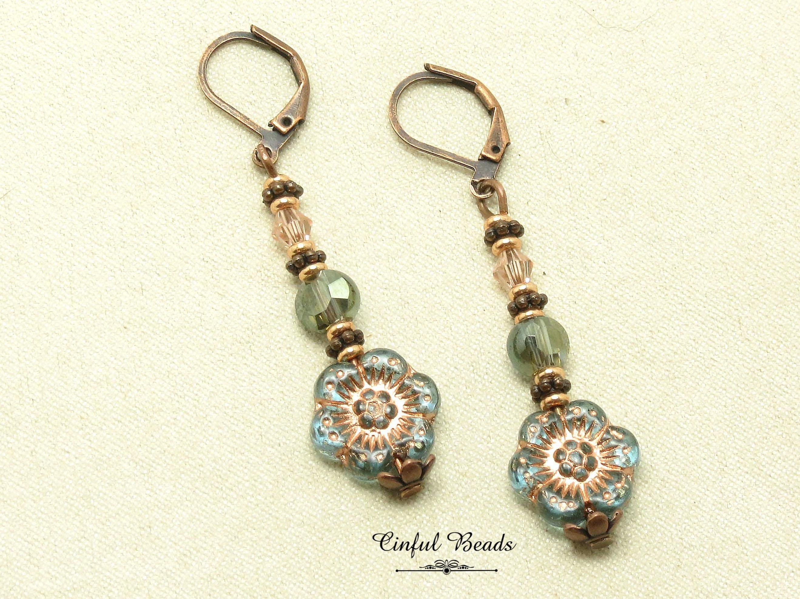 Antique Copper Boho Earrings - Transparent Aqua and Rose Dangle Earrings -Lightweight Flower Earrings with Matching Necklace